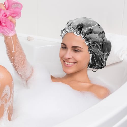 2 PCS Shower Cap Waterproof Double Layer Elastic Adjustable Reusable Hair Bath Caps for Girls Women Cute Aesthetic-Black Grey - color: G17-Black Grey