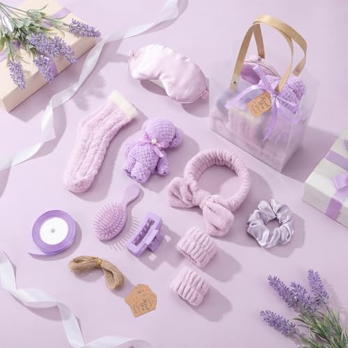 6 Set Spa Gifts Bulk for Women, Sleepover Party Favors Supplies for Bridesmaid Bridal Shower Wedding Guests Baby Shower Birthday Gift with Towels Socks Hair Tie Clip Eye Masks(Purple) - color: Purple