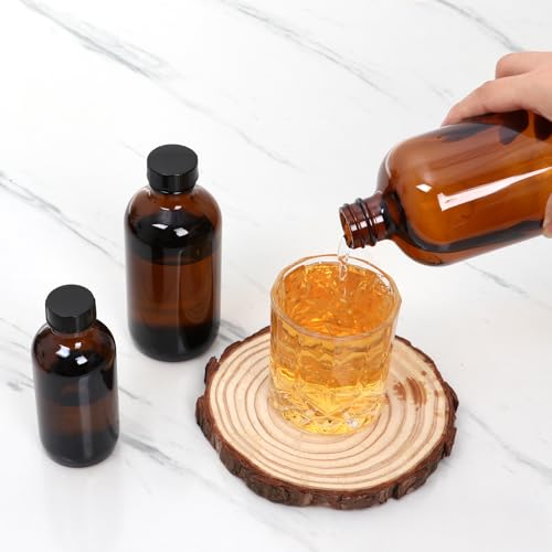 STARSIDE 12 Pack 8 oz Amber Glass Bottles with Lids, 240 ml Round Boston Bottles for Essential Oils, Hot Sauce, Juice, Liquids, Include 2 Funnel, 12 Labels. - size: M