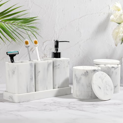 YMXYJM Bathroom Accessories Set, 6 Piece Bathroom Set with Toothbrush Holders, Soap Dispenser, Vanity Tray, Tumbler, Cotton Swab Jars, Bathroom Organizer，Bathroom Sink Sets, Artificial Marble White - color: White