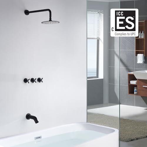 SUMERAIN Matte Black 3 Handle Tub Shower Faucet Set | Waterfall Tub Spout, With Brass Rough in Valve, 8 Inches Rain Shower Head, Modern Design - color: Matte Black