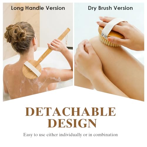 Detachable Dry Brushing Body Brush, Natural Boar Bristle Back Scrubber for Shower for Men and Women with Long Handle for Exfoliation and Lymphatic