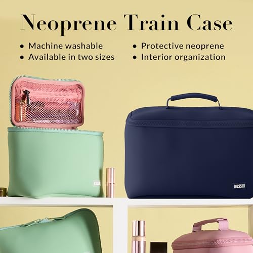 KUSSHI Neoprene Train Case Makeup Bag - Washable Makeup Travel Bag & Vanity Case for Stress Free Travel (Large, Navy/Khaki) - color: Navy/Khaki, size: Large