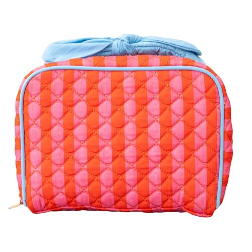 ban.do Quilted Toiletry Bag with Bow Handle, Stripes | Pink and Red Cosmetic Bag for Traveling, Spacious Organizer for Makeup with Interior Pockets and Zippers Closure