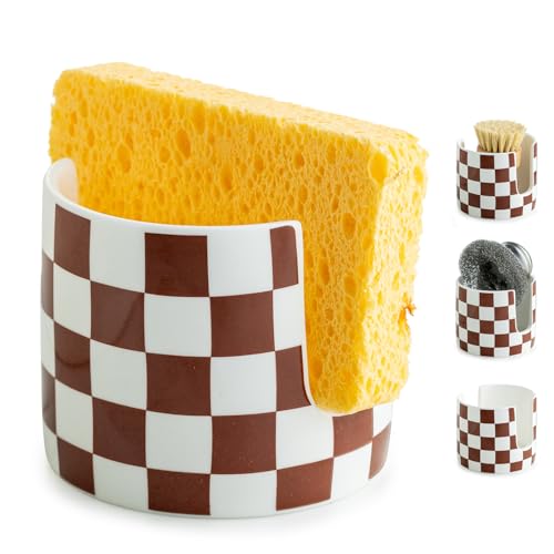 Checkered Sponge Holder for Kitchen Sink, Ceramic Dish Sponge Drying Caddy Scrubby Holder Kitchen Organizer Cute Dish Rack for Sink Counter, Brown and White - color: Brown and White, size: Cylindrical