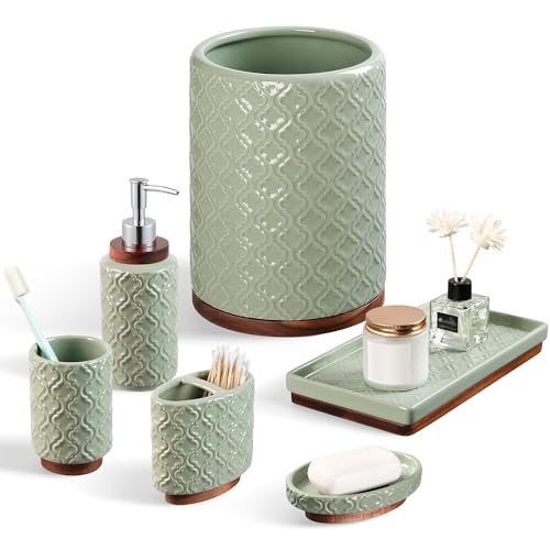 RQYIXI Elegant 6 PCS Ceramic&Wood Bathroom Accessories Set:Soap Dispenser,Toothbrush Holder,Tumbler,Soap Dish,Tray,Trash Can,Easy to Clean,Quatrefoil Pattern,Green-Affordable Home Luxury - color: Green Set-6pcs-new