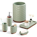 RQYIXI Elegant 6 PCS Ceramic&Wood Bathroom Accessories Set:Soap Dispenser,Toothbrush Holder,Tumbler,Soap Dish,Tray,Trash Can,Easy to Clean,Quatrefoil Pattern,Green-Affordable Home Luxury - color: Green Set-6pcs-new