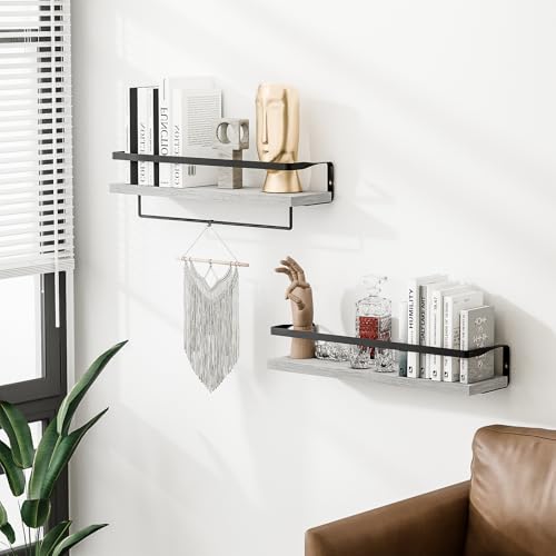Bathroom Shelves with Towel Bar, Wood &Metal Frame, 2 Pack(White) | Floating Shelves for Bathroom, Kitchen, Living Room, Bedroom - color: White