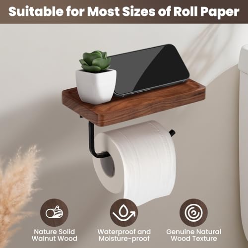 Toilet Paper Holder with Walnut Wood Shelf - Wall Mount & Self-Adhesive Bathroom Tissue Holder, Black Stainless Steel with Walnut Shelf for Phone - Home Apartment Restroom Decor Essentials - color: Walnut & Matte Black