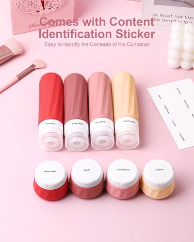 Mrsdry Travel Size Toiletries 8 Pack, TSA Approved 3oz/1oz Silicone Refillable Containers with Clear Travel Bag - color: Cherry Red, size: 3oz bottle 1oz jar