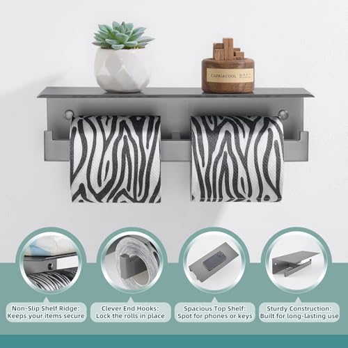 APLusee Gunmetal Gray Double Toilet Paper Holder with Shelf, 304 Stainless Steel Bathroom Tissue Roll Holder, Wall Mounted Paper Dispenser for Bathroom Kitchen, Fits Mega Rolls - color: Gun Gray, size: Double Rod