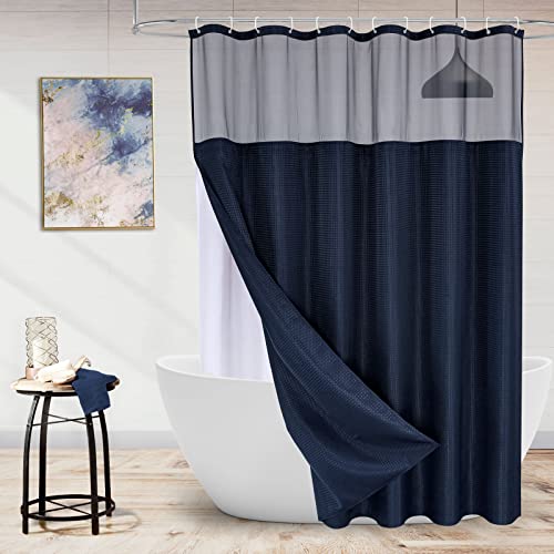 MitoVilla Long Shower Curtain 72 x 78, Navy Blue Fabric Shower Curtain Set with Snap-in Liner, 78 inches Long Cloth Mesh Top Window Shower Curtain for Hotel Spa Bathroom Decor - color: Navy, size: 72"W x 78"L (Pack of 1)
