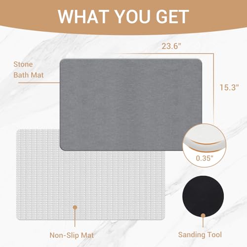 THMINS Large Stone Bath Mat, 24''x16'' Non-Slip Diatomaceous Earth Stone Bath Mat, Super Absorbent Quick Drying for Bathroom, Easy to Clean - color: Grey, size: 23.6x15.4''