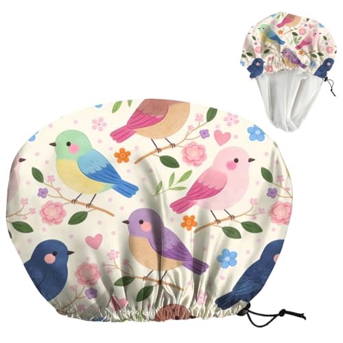 Bohemian Birds Flowers Reusable Shower Cap Cute Double Layer Waterproof Shower Caps Large Elastic Hair Cover Adjustable Hair - Drying Caps for Woman Bath SPA Travel One Size Fits Most - color: Birds Flowers