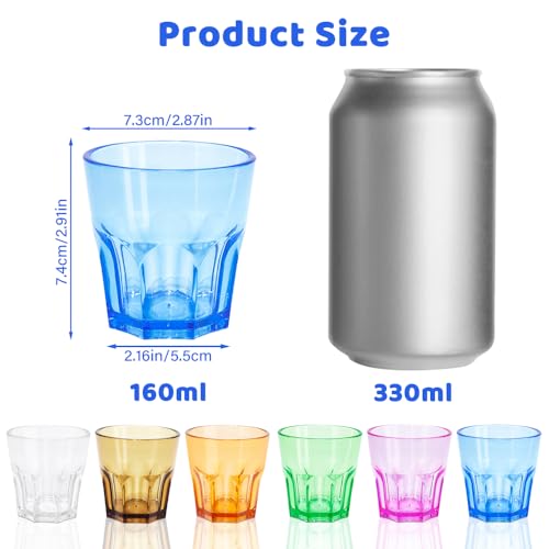 Plastic Drinking Glasses Set of 12, Unbreakable Coloured Water Tumbler, Acrylic Plastic Cups, Reusable Kids Drinking Cups for Children Kitchen Picnic Party Juice Whiskey Wine (12pc-6color-160ml/5.4oz) - color: 12pc-6color-160ml/5.4oz