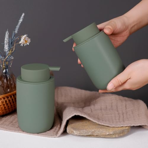 INGOFIN Ceramic Lotion Soap Dispenser Set, 2 Pack (12 oz) Bathroom Hand Soap Dispenser with Pump, Liquid Hand and Dish Soap Dispenser Set, 8 Pcs Clear Stickers, for Kitchen Bathroom-Matte Green - color: Matte Green-liquid