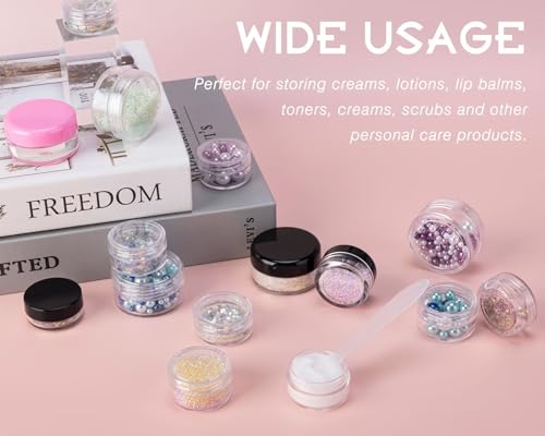 50 Count 5 Gram Sample Containers, Clear Lip Balm Containers with Lids, Small Plastic Sample Jars with 4 Mini Spoons, 50pcs Labels (Clear Lid) - color: Clear, size: 50 Count