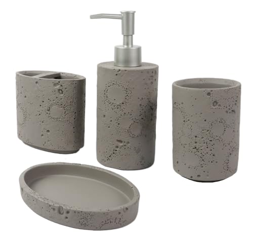 Hymmah Meteorites Bathroom Accessories Set,Farmhouse Bathroom Decor,4 Pcs Resin Gift Set Apartment Necessities, Contain Cotton Swab Jar,Soap Dispenser,Tumbler，Soap Dish/Tray - color: Meteorite