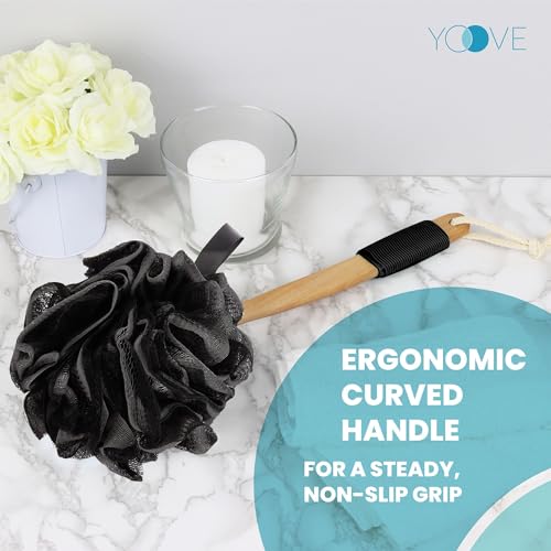 Bamboo Charcoal Infused Back Scrubber - Loofah with Handle | Exfoliating Shower Loofah for Men & Women - Features 1 Loofah on a Stick, 1 Loofa Pouf; Includes Hook (Black) - style: Black