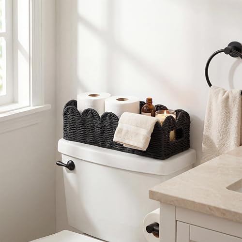 Black Scalloped Toilet Tank Basket — Paper Rope Woven Toilet Paper Holder for Back of Toilet, Scalloped Wicker Tray, Boho Bathroom Organizer and Storage for Tank Top, Countertop & Small Spaces - color: Black