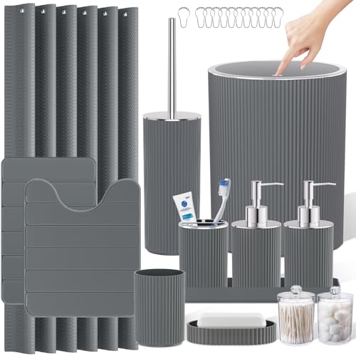Grey Bathroom Accessories Set - Bathroom Sets, 25PC Bath Accessory Set, Bathroom Sets with Push Top Trash Can, Shower Curtain and Rugs, Toilet Brush, Trash Can & Soap Dispenser - color: Gray & Silver, size: 25-Piece Set (Accessories + Shower Curtain + Rug
