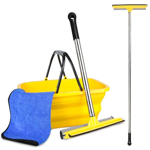 2 in 1 Car Window Squeegee and Collapsible Bucket Set,Long Handle,Yellow - color: Yellow