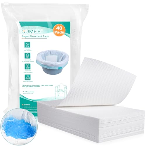 Oumee 40 Count Absorbent Commode Pads for Bedside Commode Bucket, Commode Liners Pads with Absorbent Gel, Potty Liner Pads for Adults Portable Toilet Bags Bedpans - size: 9.5*5.1in-40