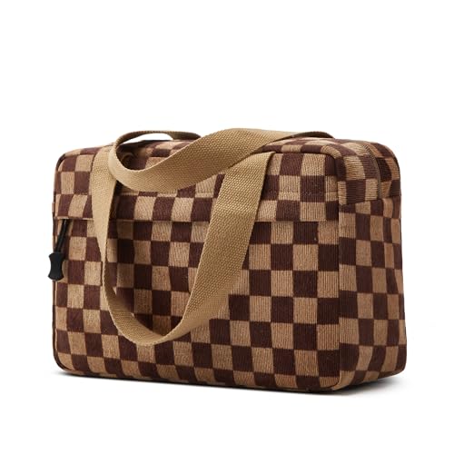 Large Makeup Bag for Women Corduroy Cosmetic bag Make up Bags Zipper Pouch with handle Cosmetic Organizer Toiletry Bag for Travel Storage - color: 19-Checkered Darkbrown