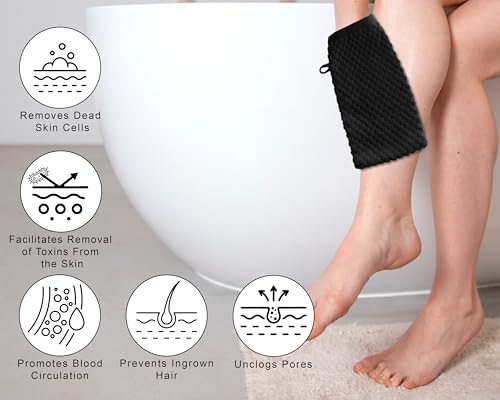 COTTON CRAFT Bath Mitt - 6 Pack Euro Spa Waffle 100% Cotton Towel Mitts | Large 5.5x10 inches Black Exfoliating Gloves - Sensitive Skin Friendly - Body Bath Shower Glove Washcloth with Hanging Loop - color: Black - Bath Mitt