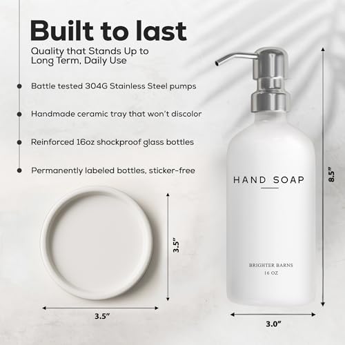 White Glass Hand Soap Dispenser Bathroom Set by Brighter Barns - Bathroom Soap Dispenser Set with Ceramic Tray - Refillable Glass Bottle Pump - Modern Home Decor for Airbnb, Hotel, Restaurants (White) - color: Silver H