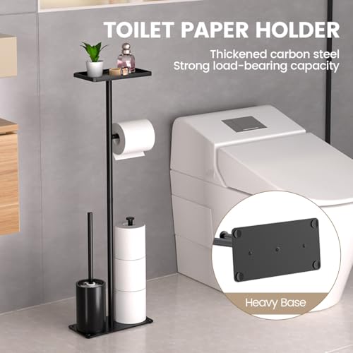 Modern Bathroom Toilet Paper Holder Stand, Black Metal, with Storage Shelf, Brush Holder, 3-Roll Storage, Freestanding Design
