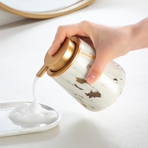 Enra Ceramic Gold Foaming Soap Dispenser,12 oz Marble Foam soap Dispenser Bathroom Refillable Hand Soap Dispenser for Bathroom Kitchen with Easy-to-Press Pump (Glod Foam Type) - color: Glod Foam Type