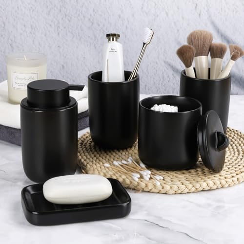BosilunLife Ceramic Bathroom Accessories Sets Complete Bathroom soap Dispenser and Toothbrush Holder Set (Black-Liquid) - color: Smooth-black-liquid