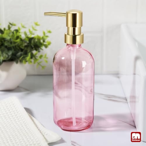 GMISUN Pink Soap Dispenser Bathroom, 1 Pack Glass Dish Soap Dispensers for Kitchen with Rustproof Plastic Gold Pump, 17 Fl Oz Bathroom Hand Soap Dispenser, Modern Liquid Dishwashing Dispensers Bottle - color: Pink Bottle + Golden Pump, size: 1 Pack
