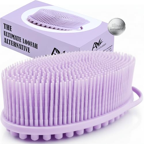 Avilana Silicone Body Scrubber for Shower – SGS Certified Food Grade Dual Sided Bath Brush, Gentle Exfoliating Silicone Loofah Alternative, Sensitive Skin Body Brush (Lavender-Silver, Massage) - color: Lavender-silver, size: Massage