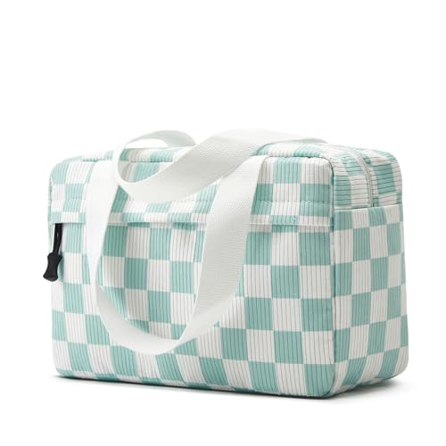 Large Makeup Bag for Women Corduroy Cosmetic bag Make up Bags Zipper Pouch with handle Cosmetic Organizer Toiletry Bag for Travel Storage - color: 23-Checkered Mint Green White