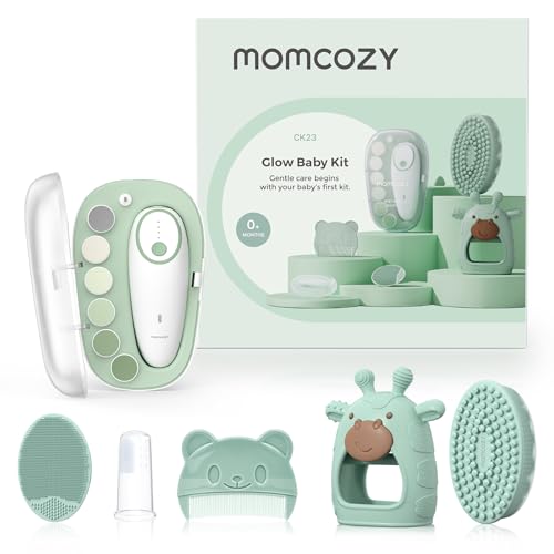 Momcozy Baby Kit, Baby Shower & Registry Essential Kit for Grooming & Cleansing Care, Includes Electric Nail File, Teether, Bath Brush, Cradle Cap Brush,Comb, Finger Toothbrush,Newborn Must-Have - size: Glow Baby Kit