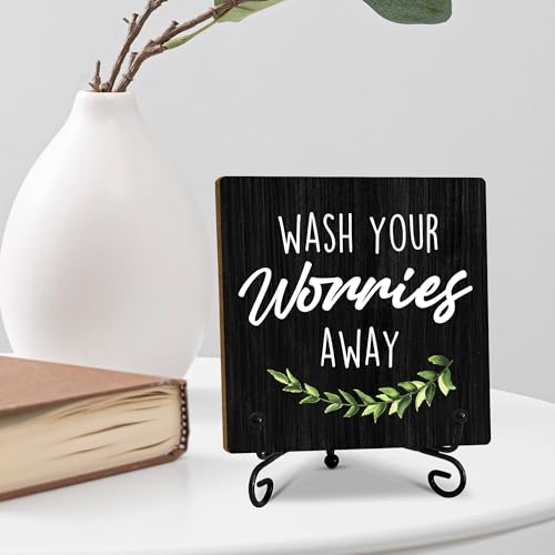 5" Funny Wooden Sign, Wash Your Worries Away Sign, Funny Bathroom Laundry Room Desk Decor, Restroom Guest Bathroom Decoration, Funny Toilet Washroom Plaque Sign Decor-A04 - color: black