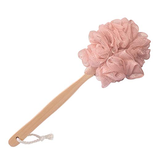 Pink Loofah with Handle - Cute Back Scrubber & Exfoliating Shower Sponge, Soft Mesh Luffa on Wooden Stick, Bath Brush for Women and Girls - color: Pink
