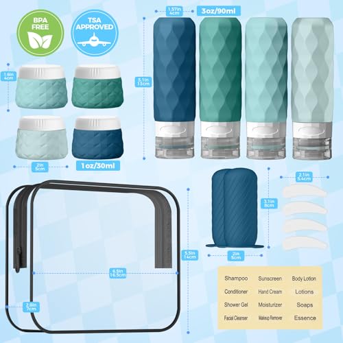 16Pack Travel Bottles for Toiletries, TSA Approved Travel Size Toiletries Containers Set, Silicone Leak Proof Refillable Bottles Elastic Sleeves Creams Jars Accessories Kit W/Clear Bag (Mint Green) - color: Mint Green