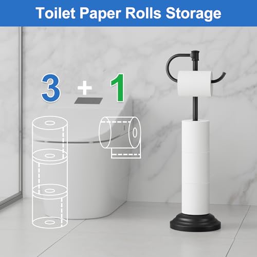 RUMOSE Toilet Paper Holder Stand for Floor, Matte Black Bathroom Free Standing Toilet Tissue Roll Holder with Storage, Adjustable 17-25 Inch, SUS304 Stainless Steel - color: Matte Black