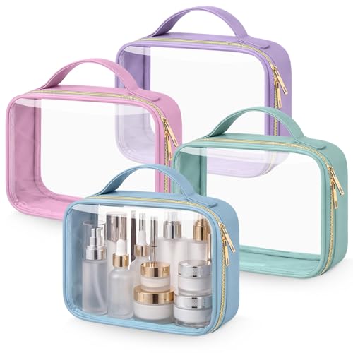 Abbylike 4 Pcs Clear Makeup Bags with Handles Tsa Approved Toiletry Bag with Zipper PU Leather Quart Size Clear Cosmetic Pouch for Travel Women Men Airport Compliant Bags(Macaron Color Palette) - color: Macaron Color Palette