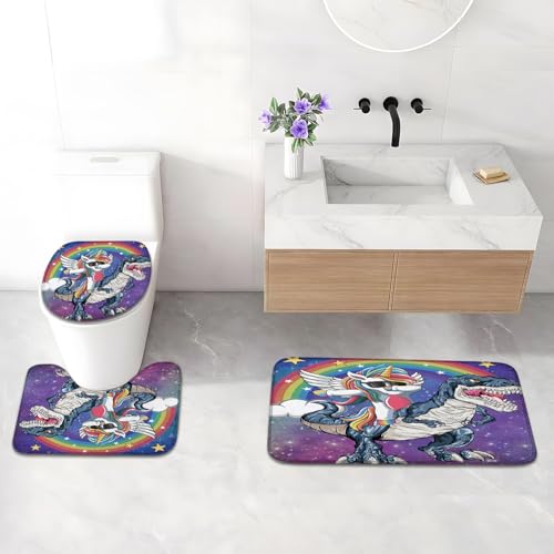 4Pcs Shower Curtain Set, Funny Unicorn Dinosaur Kids Bathroom Shower Curtain with Rugs and Accessories,with Non-Slip Rugs, Toilet Lid Cover and Bath Mat for Bathroom Decor Set - color: Unicorn Dinosaur