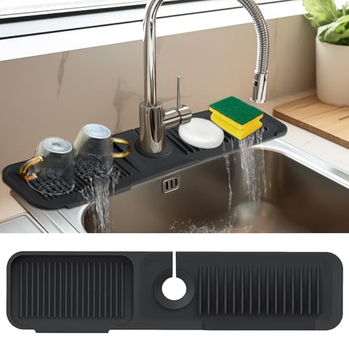 24 Inch Kitchen Sink Splash Guard，5°Slope Fast Draining Silicone Mat for Kitchen Sink Faucet Mat, Upgraded Sink Tidy Splash Guard for Bathroom Faucet Draining Mat (Black)