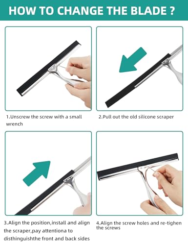All-Purpose Stainless Steel Shower Squeegee Come with S Hook, 2 Square Sticky Hook 2 Rubber Strips Shower Squeegee for Glass Doors, Windows, Mirrors, Tiles and Car Glass -14 Inches Silver - size: 14"Wx 7.09"H
