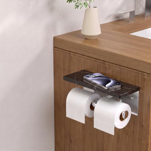 FORIOUS Double Toilet Paper Holder with Shelf, Wall Mount Tissue Roll Holder for Bathroom, 304 Stainless Steel Commercial Toilet Tissue Dispensers with Phone Shelf (1, Chrome-Marble) - color: Chrome-marble
