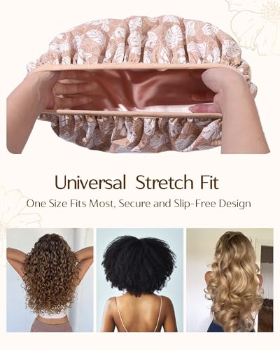 Yanibest Shower Cap for Women - Frizz Free Satin Lined Shower Cap Waterproof Large Double Layer Reusable with Soft Elastic Band for Braids Long Hair - color: Pink
