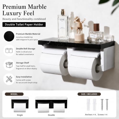Matte Black Marble Twin Toilet Paper Holder, Modern Silver Wall Mount Dual Toilet Paper Holder with Phone Shelf, Slim Marble Toilet Paper Dispenser - color: Marble Black&silver, size: Full