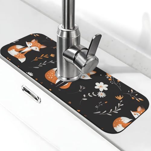 Kitchen Sink Splash Guard Faucet Mat, Cute Happy Fox Diatom Mud Absorbent Draining Mat For Kitchen Sink Bathroom - color: Cute Happy Fox, size: One Size