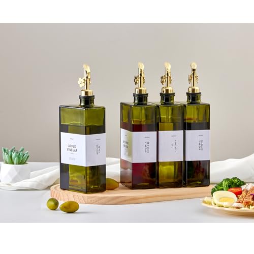 Olive Oil Dispenser Bottle for Kitchen, 16.9oz /500ml Cooking Vinegar Dispenser Bottle Set, Glass Sauce Container, Labels, Brush, Funnel, Stoppers, Green for Oil, Wine - color: Golden